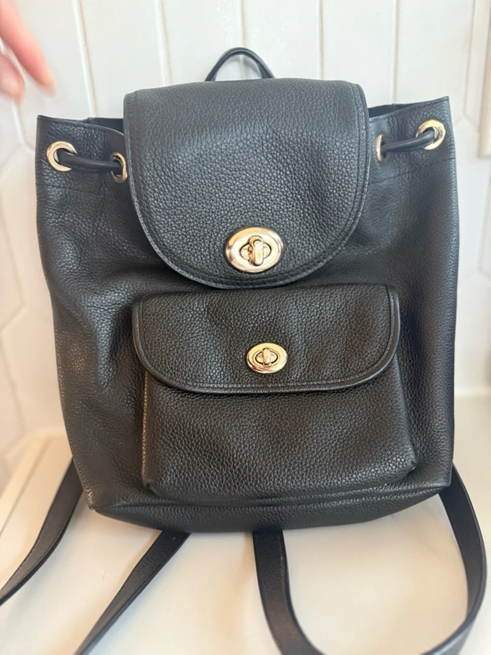 💛 Coach Mini 🖤 Classic Retro Black Leather Drawstring Backpack - Picture 1 of 6